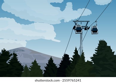 Cable cars on steel cables above a lush forest on Mountain. cable cars going through the mountain. Cable car transportation rope way over mountain hill vector. Cable cars or aerial lift