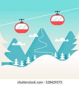 Cable Cars And Snowy Mountain Landscape. Ski Winter Resort, Hills And Slopes Background