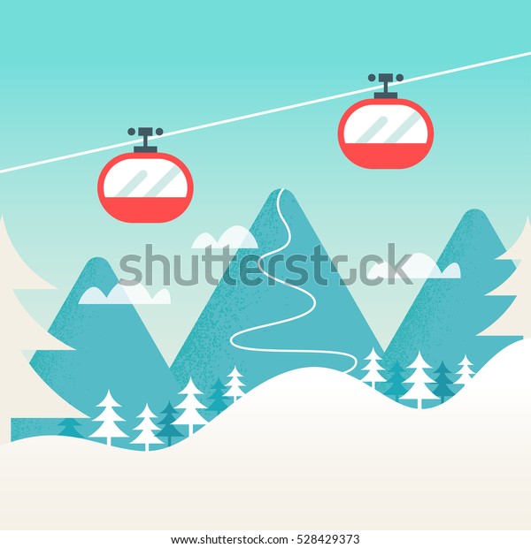 Cable Cars and Snowy Mountain\
Landscape. Ski Winter Resort, Hills and Slopes\
Background