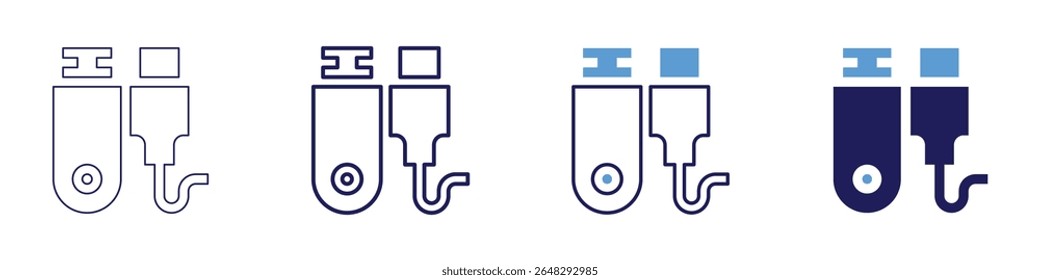 Icono de canal de cable en 4 estilos diferentes. Línea delgada, línea, línea en negrita, duotono. Estilo duotono. Trazo editable.