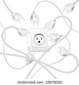 Cable clutter, where many plugs try to put in a socket. Isolated vector illustration.