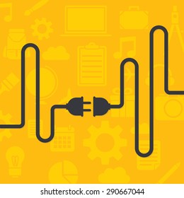 Cable concept with plug and socket in yellow background