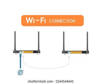 Cable connection between two wireless WiFi routers vector illustration on white background