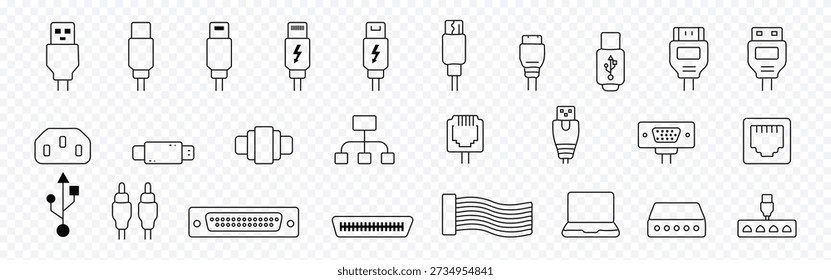 Cable, connector and port icon set – editable outline symbols of USB, HDMI, Ethernet, power plug, adapter and network