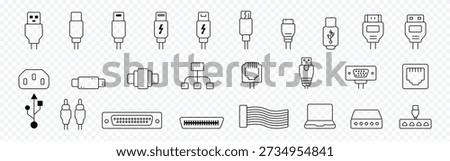 Cable, connector and port icon set – editable outline symbols of USB, HDMI, Ethernet, power plug, adapter and network