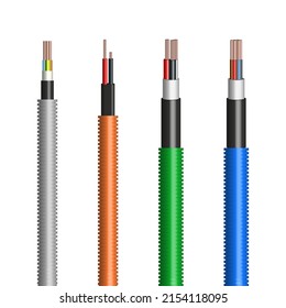 Cable with copper conductors in a corrugated plastic pipe. Front view, vector illustration.