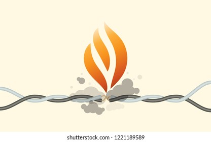 Cortocircuito con el cable y la electricidad, fallo eléctrico que causa la quema de cables de electricidad, incendio de cables de alimentación.