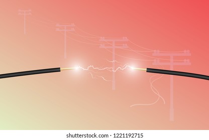 Cable and electricity short circuit, electrical failure resulting in electricity wire burnt, Cable short circuit with electric post on background.