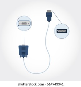 Cable with HDMI and VGA adapter at each end. Front view (detail) and top view. Flat design.