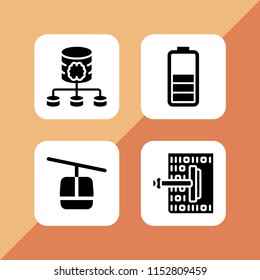 cable icon. 4 cable set with data, cable car cabin, server and battery vector icons for web and mobile app