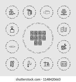 Cable icon. collection of 13 cable outline icons such as hook with cargo, mp3 player, wire, construction  crane, digital clock. editable cable icons for web and mobile.