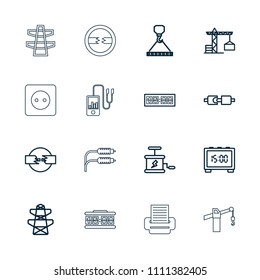 Cable icon. collection of 16 cable outline icons such as construction crane, hook with cargo, pylon, plug in power socket. editable cable icons for web and mobile.