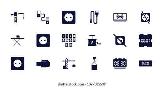 Cable icon. collection of 18 cable filled icons such as plug socket, construction crane, wire, digital clock, dynamite, no plug. editable cable icons for web and mobile.