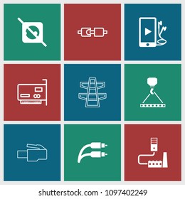 Cable icon. collection of 9 cable filled and outline icons such as hook with cargo, phone and earphones, earphone wire, no plug. editable cable icons for web and mobile.