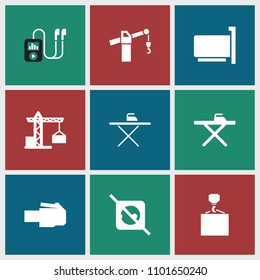 Cable icon. collection of 9 cable filled icons such as construction crane, ironing table, hook with cargo, no plug. editable cable icons for web and mobile.