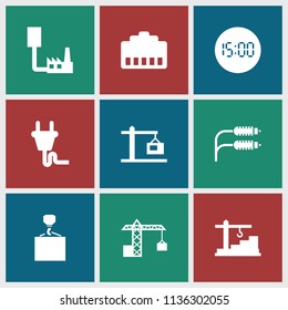 Cable icon. collection of 9 cable filled icons such as hook with cargo, construction  crane, plug, digital clock, construction crane. editable cable icons for web and mobile.