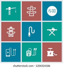 Cable icon. collection of 9 cable filled icons such as wire, digital clock, dynamite, pylon, phone and earphones, mp3 player. editable cable icons for web and mobile.