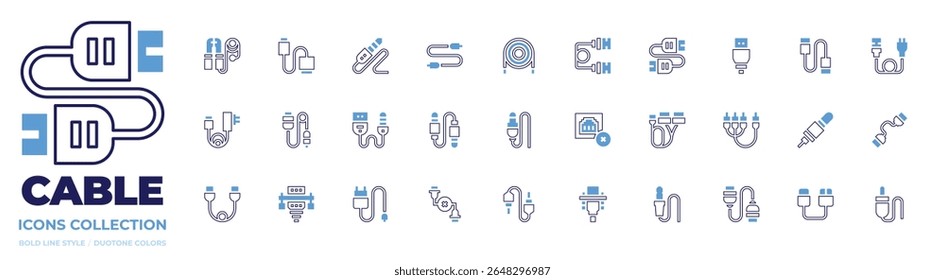 Cable icon collection. Bold line style. Duotone colors. usb cable, jumper, plug in, audio jack, cable, jack cable, jack, connection error, charger, dual.