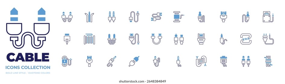 Cable icon collection. Bold line style. Duotone colors. cables, network, jack, audio jack, reel, usb, cd reader, usb, jack, cable.