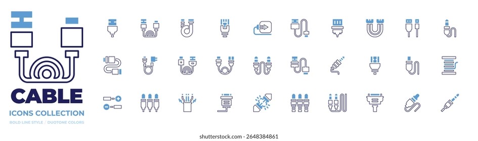 Cable icon collection. Bold line style. Duotone colors. data cable, ribbon cable, plug, vga, wire, connector, cable, usb, reel, av.