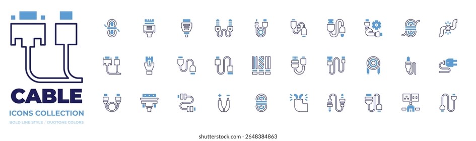 Cable icon collection. Bold line style. Duotone colors. auxiliary, broken cable, sound, hdmi, cable, usb, rope, usb, connector.
