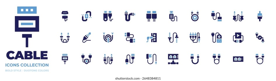 Coleção de ícones de cabo. Estilo negrito. Cores duotônicas. usb, vga, ethernet, dados, conectar, eletricidade, cabo, usb, tomada de áudio, hdmi, cabo.