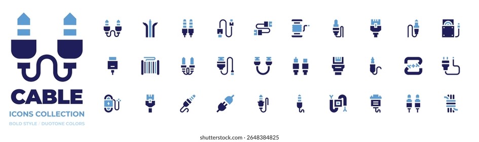 Cable icon collection. Bold style. Duotone colors. cables, network, jack, audio jack, reel, usb, cd reader, usb, jack, cable.