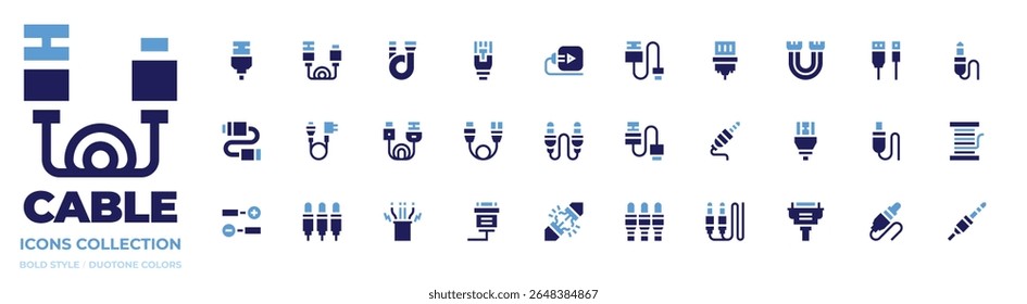 Cable icon collection. Bold style. Duotone colors. data, ribbon, plug, vga cable, wire, connector, cable, usb, reel, av cable.