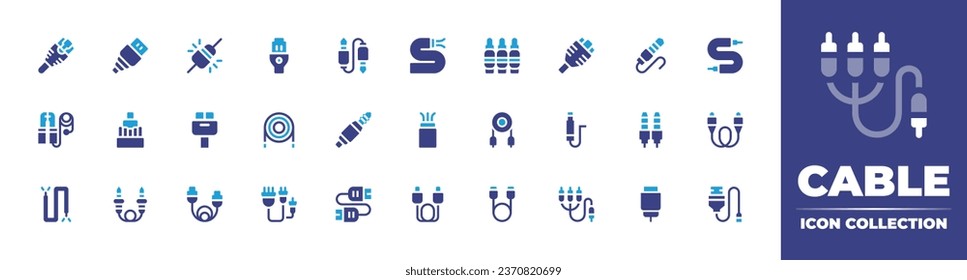 Cable icon collection. Duotone color. Vector illustration. Containing jumper, wire, cable, jack, usb, sound cable, usb, audio jack, jack, plug in, internet, rca, optical fiber. 