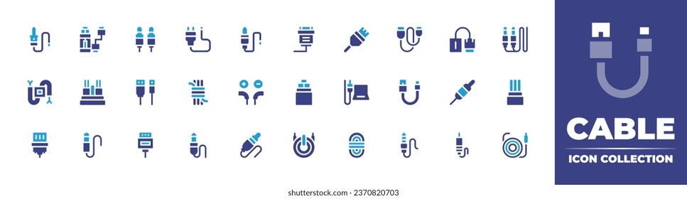 Cable icon collection. Duotone color. Vector illustration. Containing plug, cable, rope, usb cable, jack cable, audio jack, vga, wire, power generation, jack connector, jack, connector, usb charger.