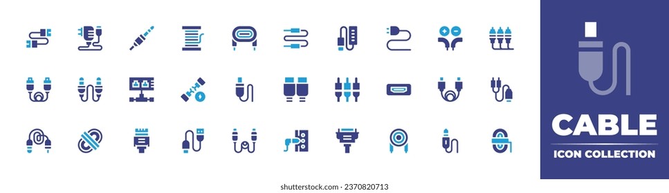 Cable icon collection. Duotone color. Vector illustration. Containing reel, power, wires, hdmi, usb, cable, plug, usb connector, ethernet, jack, hdmi cable, vga, jack.