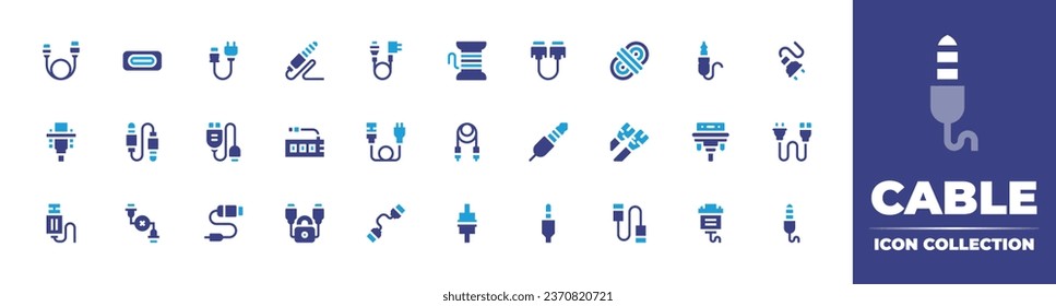 Cable icon collection. Duotone color. Vector illustration. Containing usb port, wire, power, audio jack, connectors, connect, jack cable, usb, vga, hdmi cable.