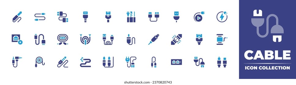 Sammlung von Kabelsymbolen. Duotonfarbe. Vektorgrafik. Audiobuchse, Verdrahtung, Strom, Kabel, Kabel, Kabel, Kabel, Kabel, Antenne, Ethernet, Stecker und Abspielen, Verbindungsfehler, Datenkabel, Netzwerk.