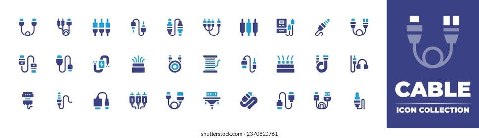 Cable icon collection. Duotone color. Vector illustration. Containing cable connector, rca, usb, hdmi, copper wire, audio jack, jack, vga, usb, cable, jack connector, electricity.