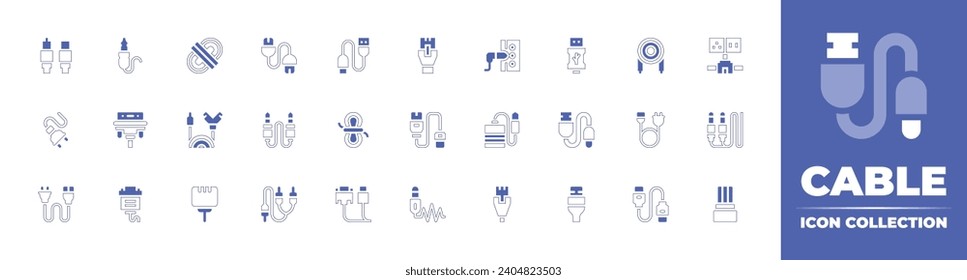 Cable icon collection. Duotone color. Vector and transparent illustration. Containing antenna, usb cable, cable, power cable, rope, network, vga, hdmi, jack, jack, usb, audio.