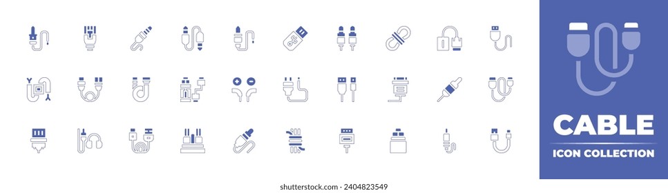 Cable icon collection. Duotone color. Vector and transparent illustration. Containing ethernet, usb drive, cable, usb, plug, audio jack, rope, usb cable, vga, wire, power generation, jack connector.