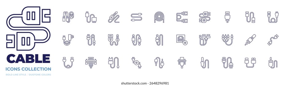 Cable icon collection. Line style. Editable stroke. usb cable, jumper, plug in, audio jack, cable, jack cable, jack, connection error, charger, dual.