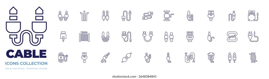 Cable icon collection. Line style. Editable stroke. cables, network, jack, audio jack, reel, usb, cd reader, usb, jack, cable.
