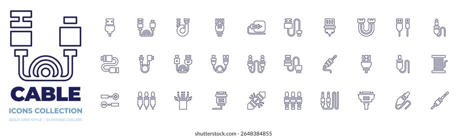 Cable icon collection. Line style. Editable stroke. data, ribbon cable, plug, vga, wire, connector, cable, usb, cable reel, av.