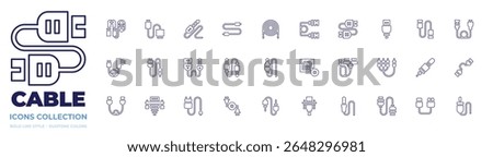 Cable icon collection. Line style. Editable stroke. usb cable, jumper, plug in, audio jack, cable, jack cable, jack, connection error, charger, dual.