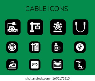 conjunto de iconos de cable. 12 iconos de cable rellenos.  Iconos modernos sencillos, como: camión eléctrico, Voltímetro, Hierro, Grúa, Socket, Torre Eléctrica, Usb, Caja Fusible, Tope, Electricidad, Elevador de presidenta