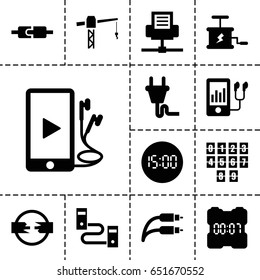 Cable icon. set of 13 filled cableicons such as construction crane, mp3 player, phone and earphones, earphone wire, plug, digital clock, dynamite, plug in power socket