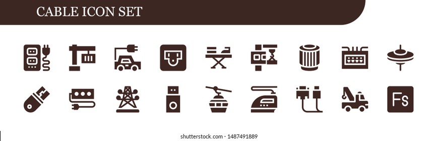 cable icon set. 18 filled cable icons.  Simple modern icons about  - Socket, Crane, Electric car, Iron, Pulley, Fuse box, Cymbals, Usb, Electric tower, Cableway, Cable, Fuse