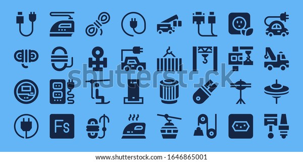 cable icon set.\
32 filled cable icons. Included Plug, Rope, Voltmeter, Iron,\
Socket, Fuse, Copper, Chairlift, Electric car, Charger, Crane,\
Pulley, Cableway, Cable, Usb\
icons