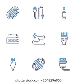 Cable icon set. Bold line style. Duotone colors. Editable stroke. wire, ethernet, rope, connectivity, plug, vga, usb port.