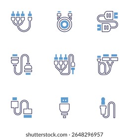 Cable icon set. Bold line style. Duotone colors. Editable stroke. plug in, dual, jack, ethernet, av cable, usb cable, rca, cable.