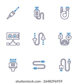 Cable icon set. Bold line style. Duotone colors. Editable stroke. plug, usb cable, wire, ethernet, cable, hdmi, hdmi cable, audio jack, usb.