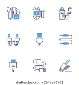 Cable icon set. Bold line style. Duotone colors. Editable stroke. extension cable, audio jack, hdmi, wire, usb connection, cable, connector, usb charger.