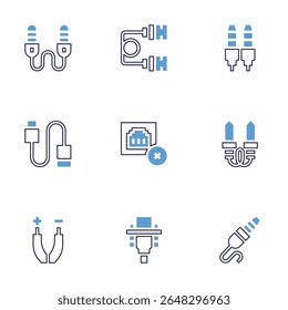 Cable icon set. Bold line style. Duotone colors. Editable stroke. auxiliary cable, usb cable, jack, usb, connection error, audio jack, wires, vga cable.