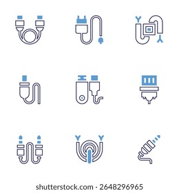 Cable icon set. Bold line style. Duotone colors. Editable stroke. cable, charger, wire, usb, vga, jack, cord, audio jack.